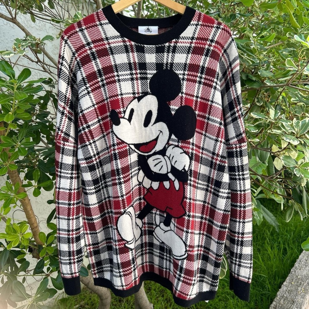 Disney Spirit Jersey Mickey Mouse Plaid Sweater M Cotton Knit Disneyland 24x28